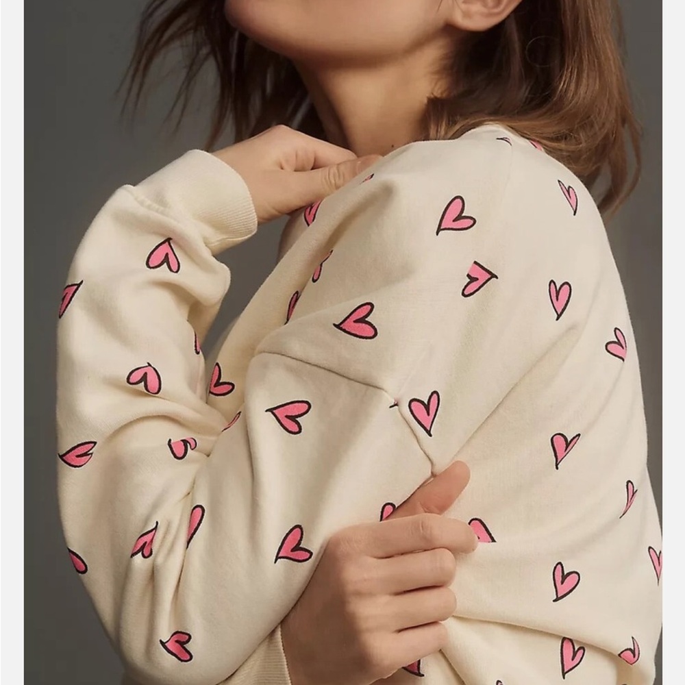 KULE Anthropologie Cream Sweater with Pink Heart Pattern